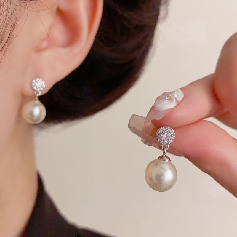 Luxury Zircon Pearl Drop Earrings – Geometric Design
