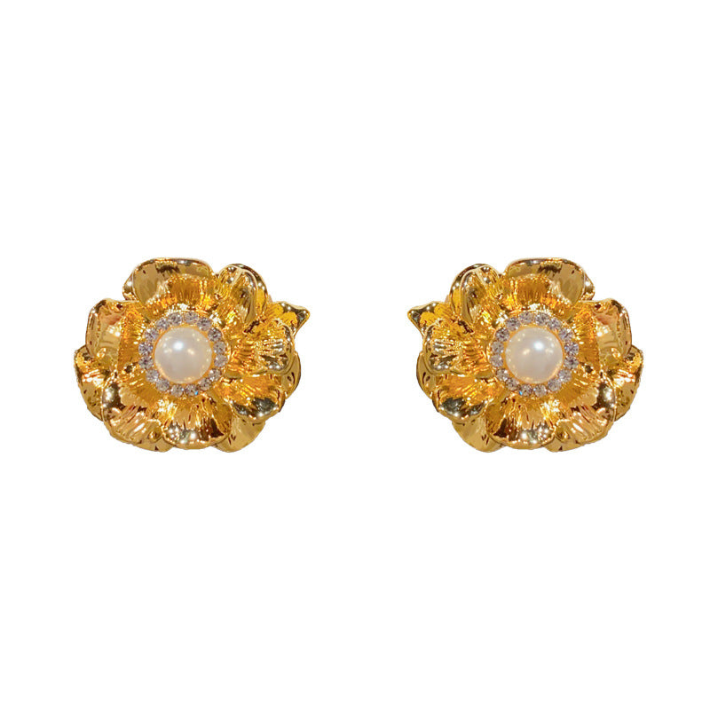 14K Gold-Plated 3D Metal Pearl Flower Stud Earrings - Vintage Elegance