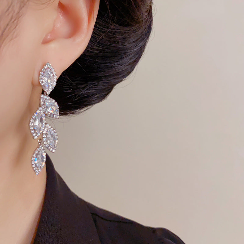 Eaioncol Full CZ Leaf Tassel Drop Earrings Gold Silver