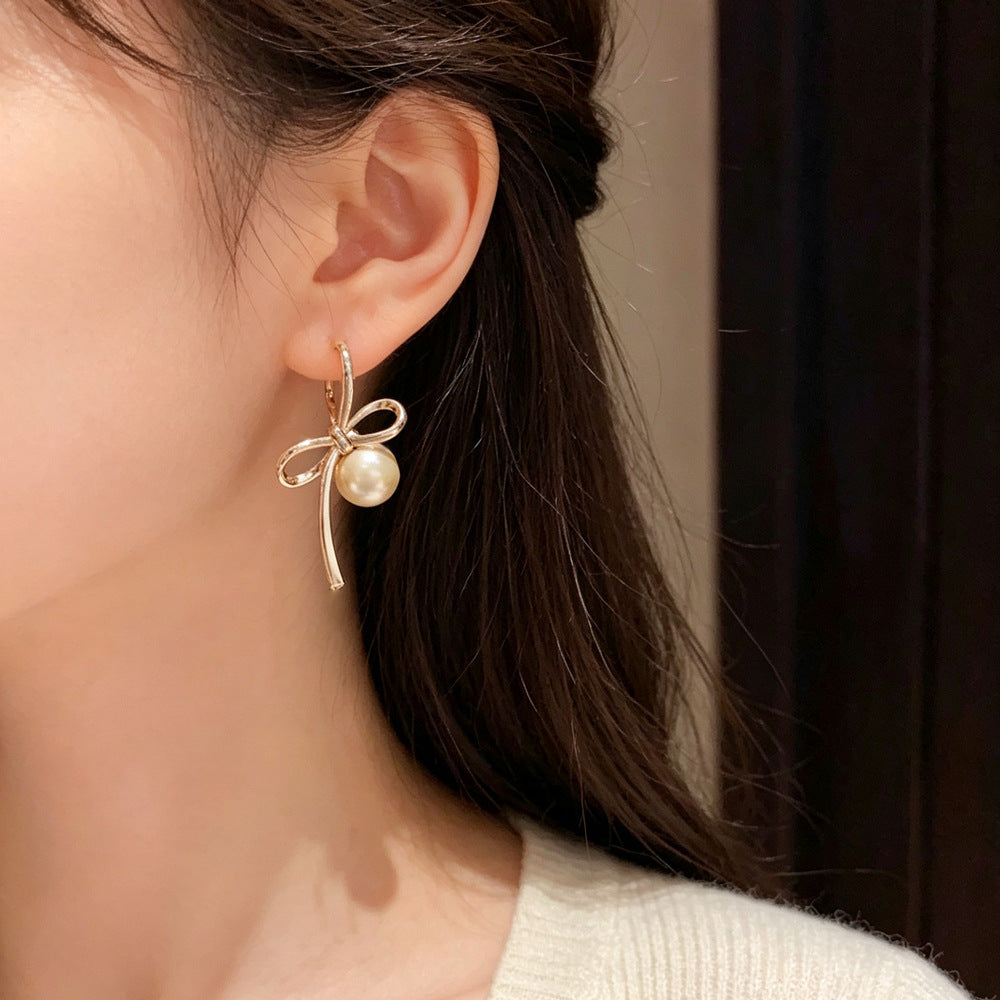 Eaioncol Coffee Gold Bow Pearl Hoop Earrings 14K Gold Plated
