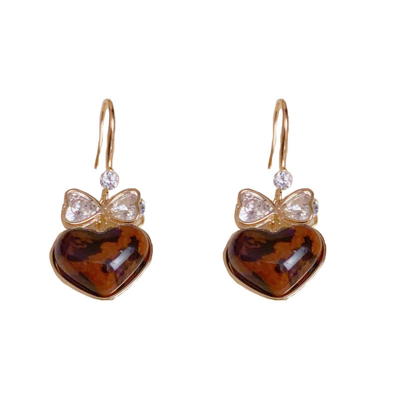 14K Gold-Plated Leopard Print Heart Bow Earrings - Vintage Chic