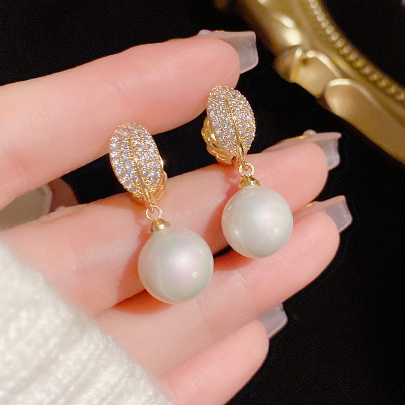 14K Gold-Plated Zircon Leaf Pearl Earrings - Elegant Sided Design