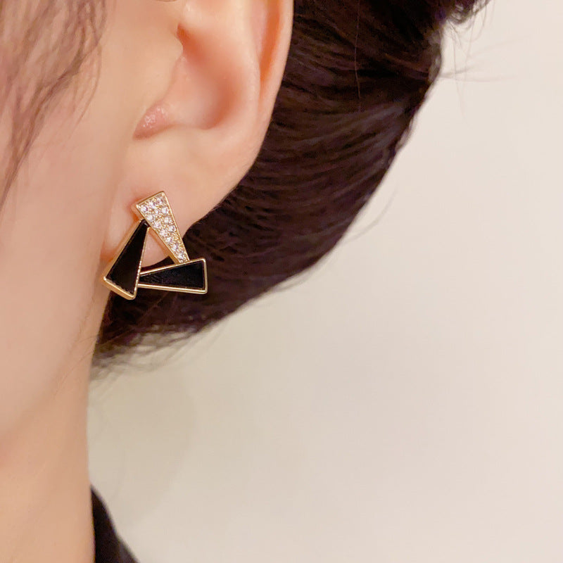 14K Gold-Plated Zircon Geo Triangle Stud Earrings - Minimalist Design