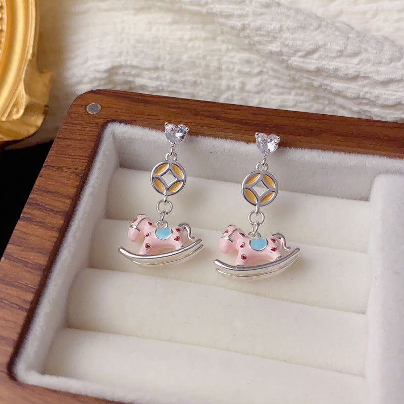 Elegant Enamel Little Horse Drop Earrings – Animal Design