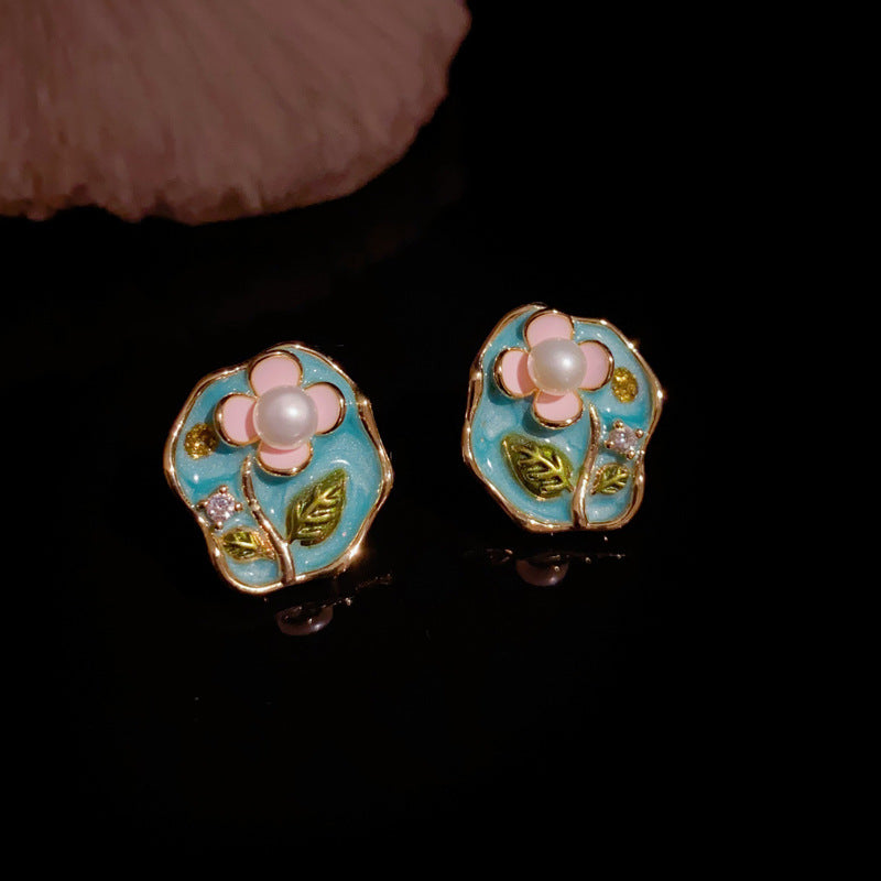 French-Style Enamel 3D Flower Drop Earrings – S925 Silver Needle