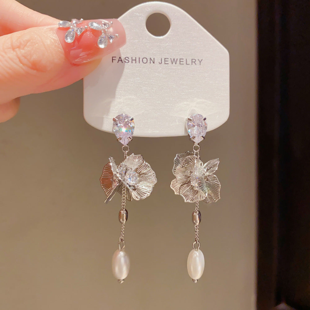 Eaioncol Floral Pearl Tassel Earrings 14K Gold & Silver Plated