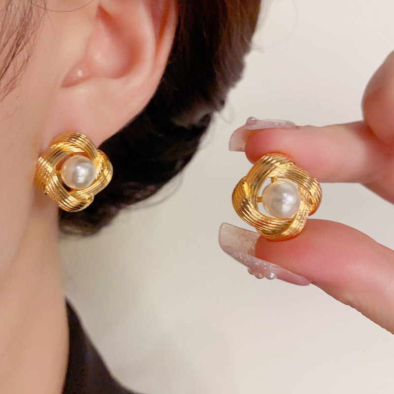 14K Gold Plated Pearl Metal Texture Stud Earrings-Minimalist Floral Design