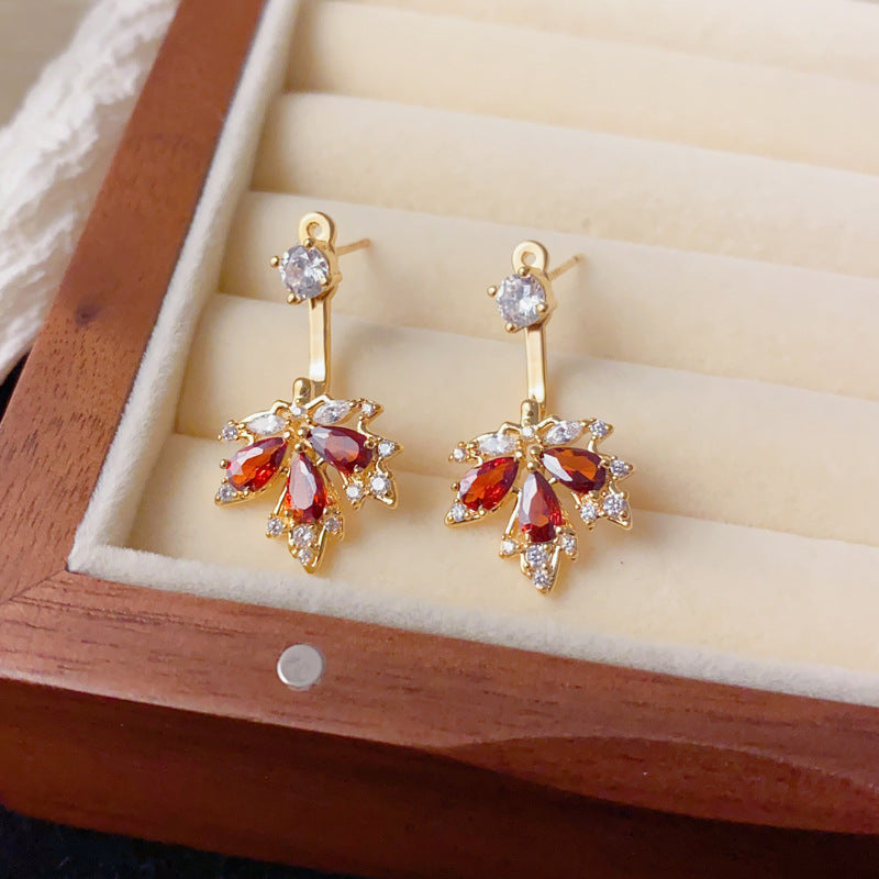 Luxury Two-Way Red Maple Leaf Stud Earrings – Elegant Design