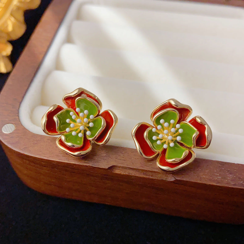Elegant Double-Layer Enamel Petal Stud Earrings – Floral Design
