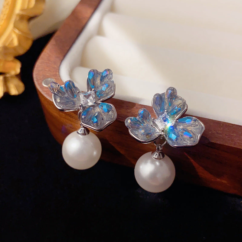 Elegant Blue Crystal 3Petal Flower Pearl Drop Earrings – Floral Design