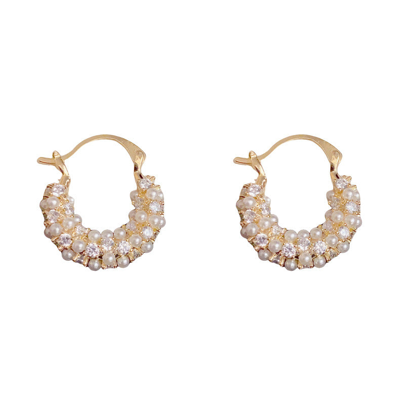 Elegant Full-Zircon Pearl U-Shaped Earrings – Silver Needle Geometric