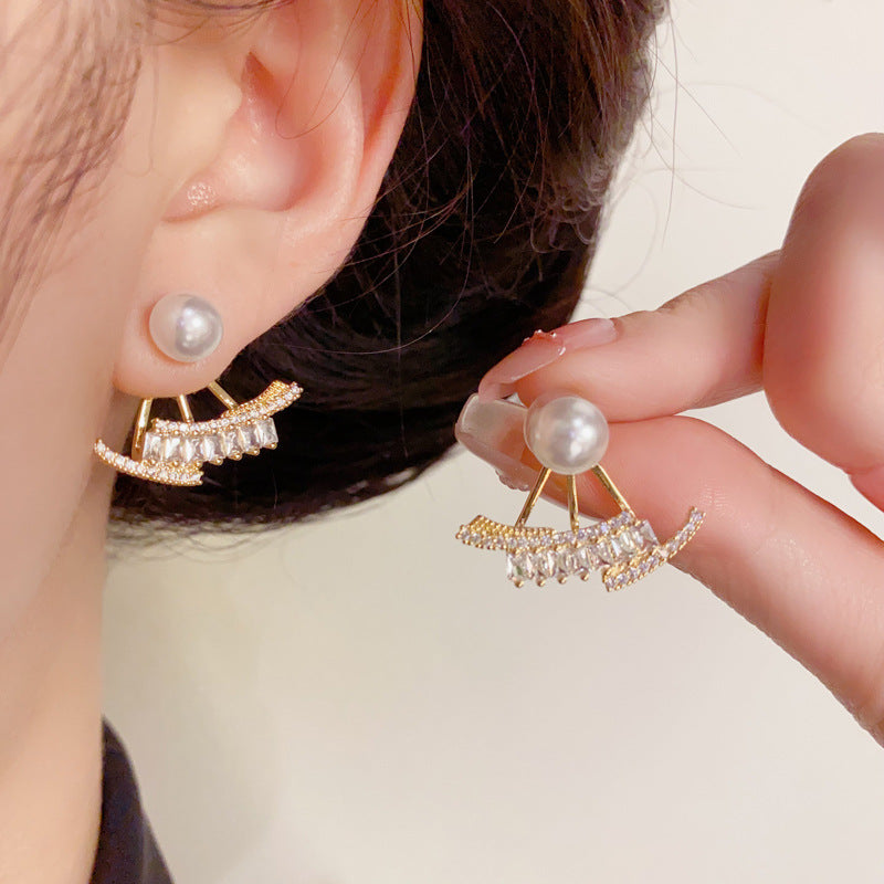 14K Gold Minimalist Pearl Fan-Shaped Front-Back Earrings – Elegant