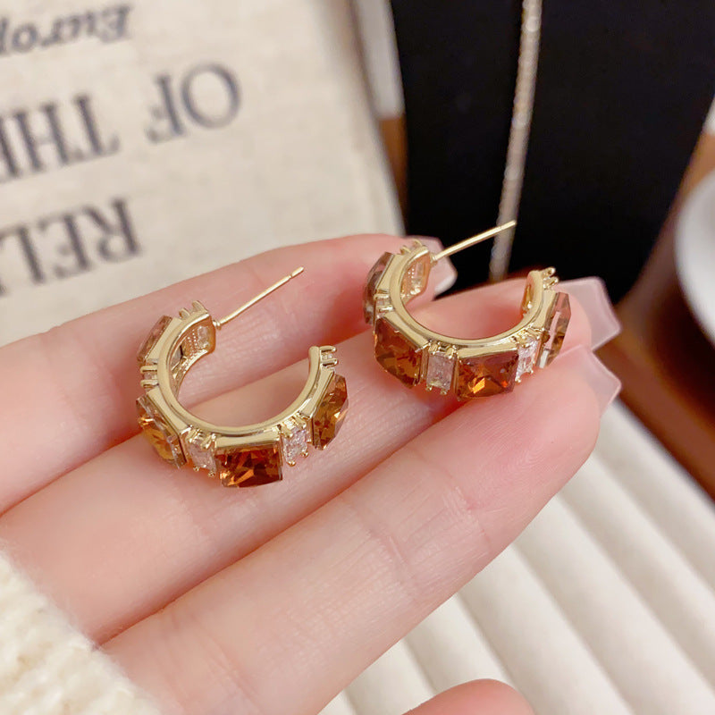Elegant Zircon Coffee Square Hoop Earrings – Meilard Geometric Design