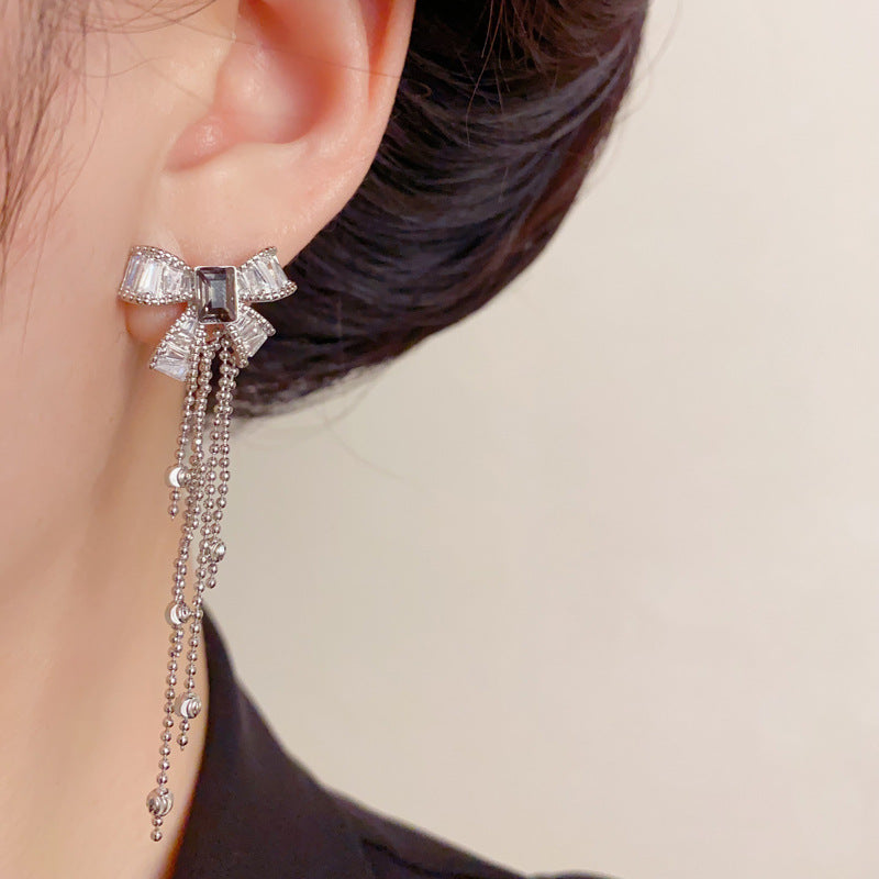 Elegant Zircon Bow Tassel Drop Earrings – French Retro Design