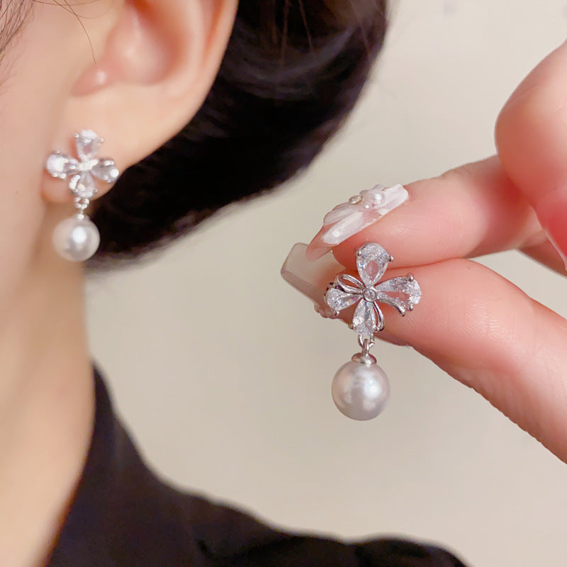 Elegant Four-Leaf Flower Pearl Drop Earrings – Gentle Floral Design