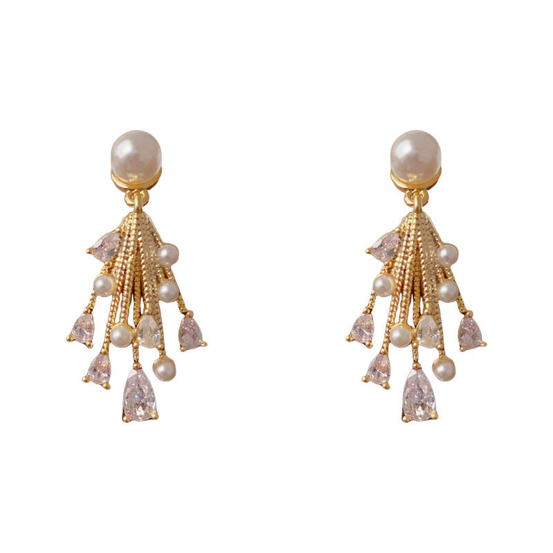 Luxury Pearl & Zircon Teardrop Tassel Drop Earrings – Elegant Design
