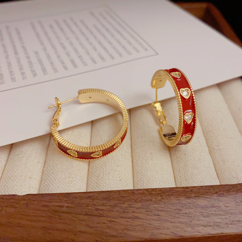 14K Gold-Plated Hoops Ankara Red Heart Earrings - Vintage Style