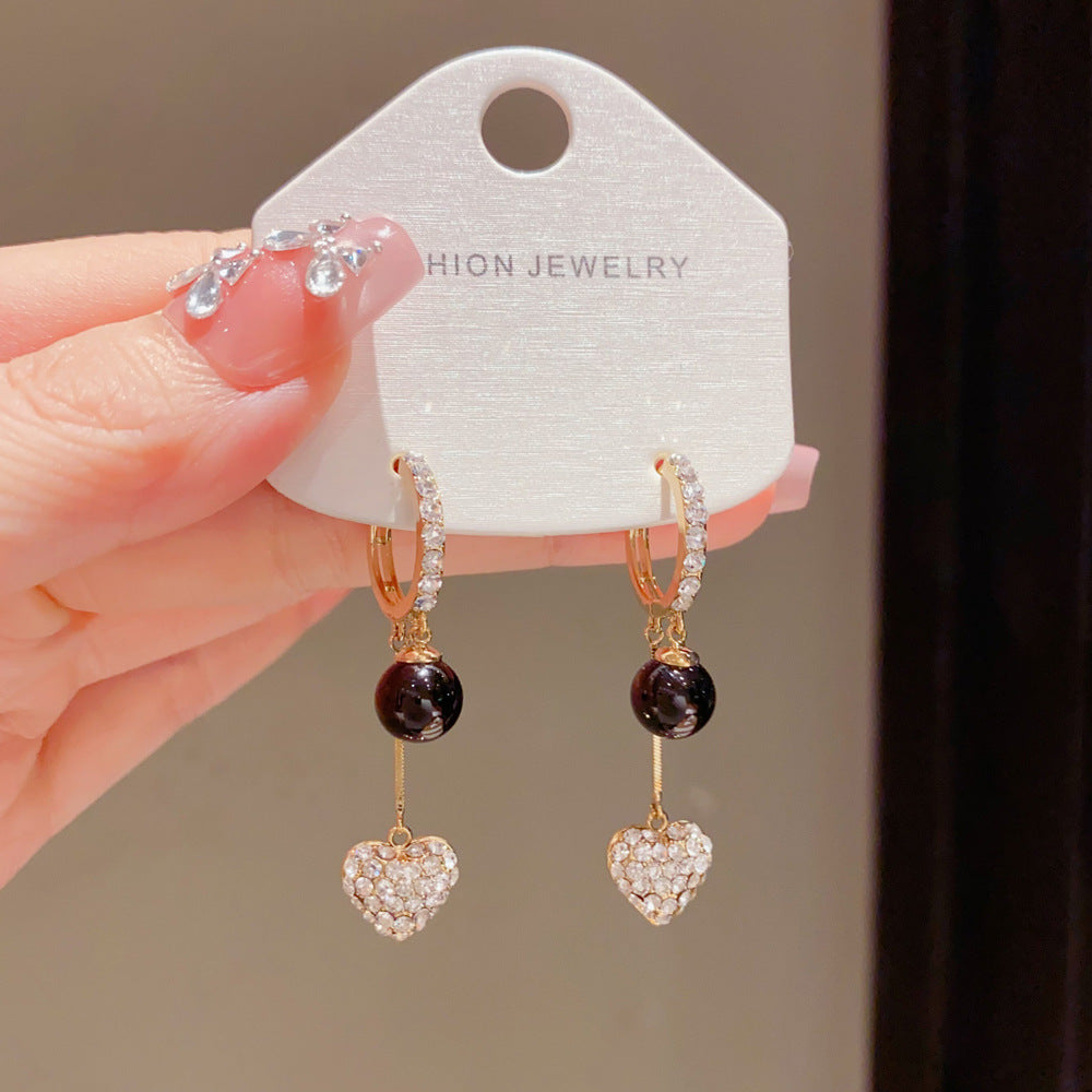 Eaioncol Black Ball Heart CZ Tassel Hoop Earrings 14K Gold Plated