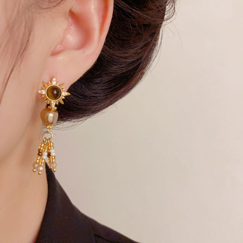 Luxury Sunflower Tiger's Eye Pearl Tassel Earrings – Floral Design