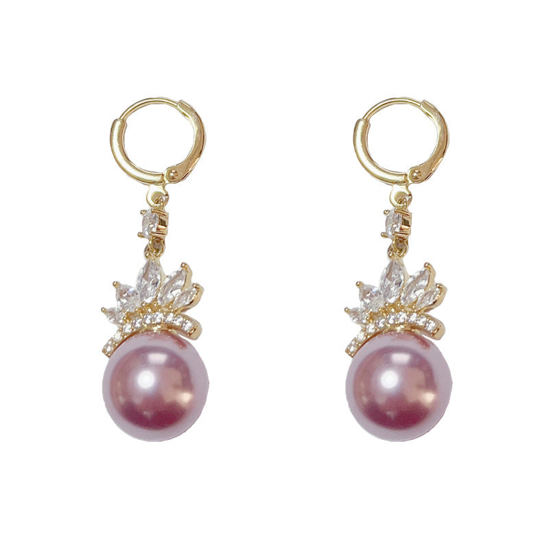 14K Gold-Plated Zircon Crown Purple Pearl Earrings - Luxe Elegance