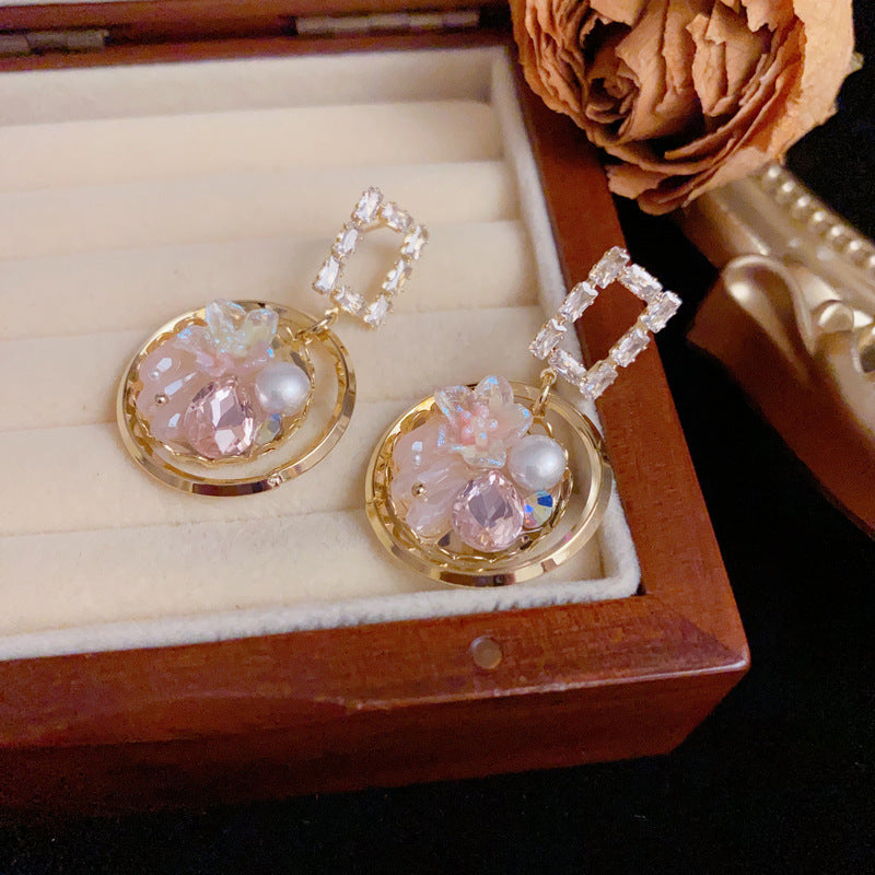 Elegant Zircon Petal Round Ring Drop Gold Earrings – Geometric Design