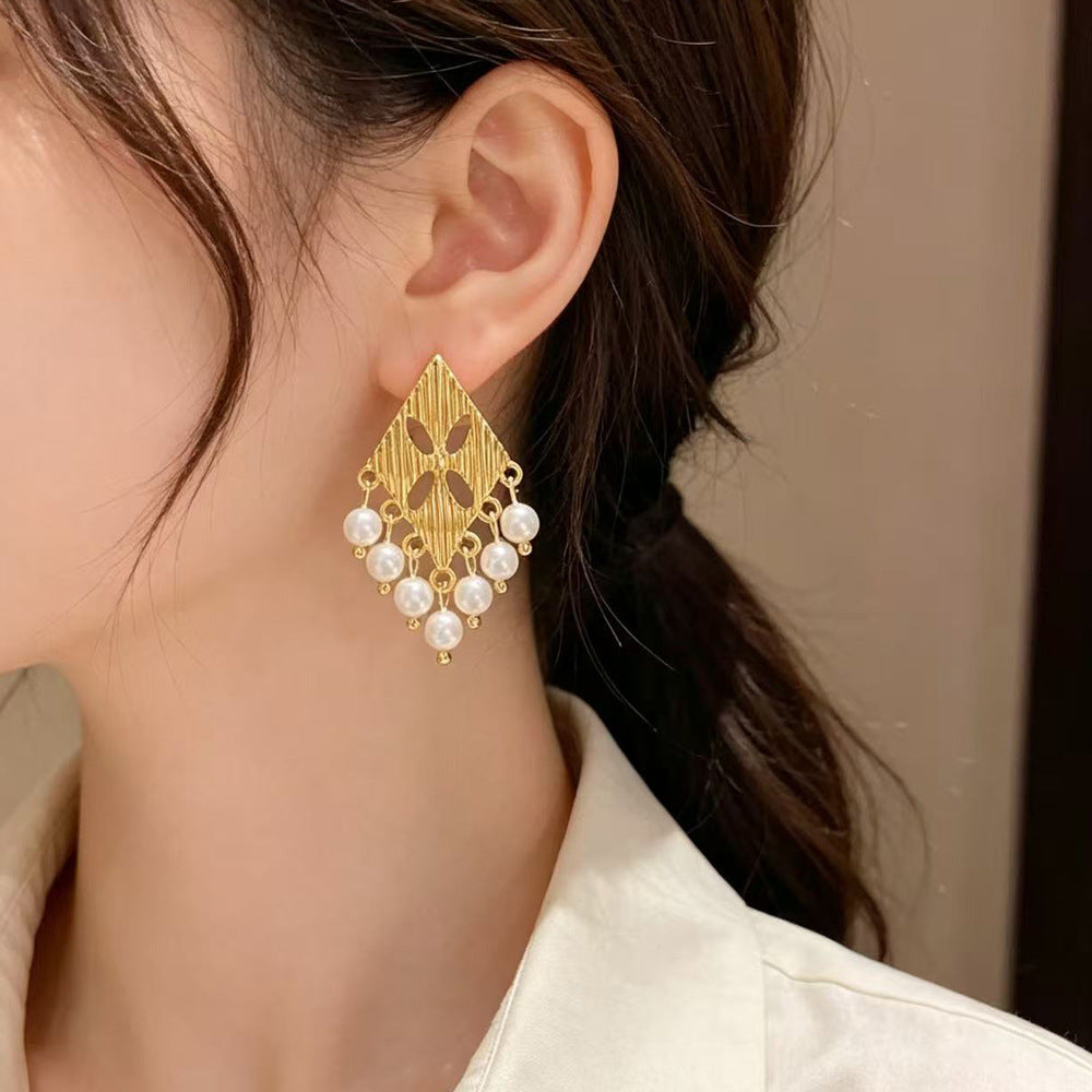 Eaioncol Rhombus Tassel Earrings Gold Pearl Tiger Eye