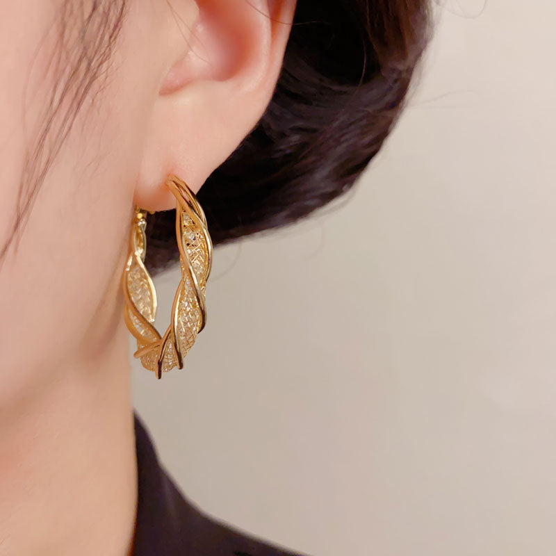 Elegant Twisted Mesh Metal Hoop Earrings – Bold Retro Design