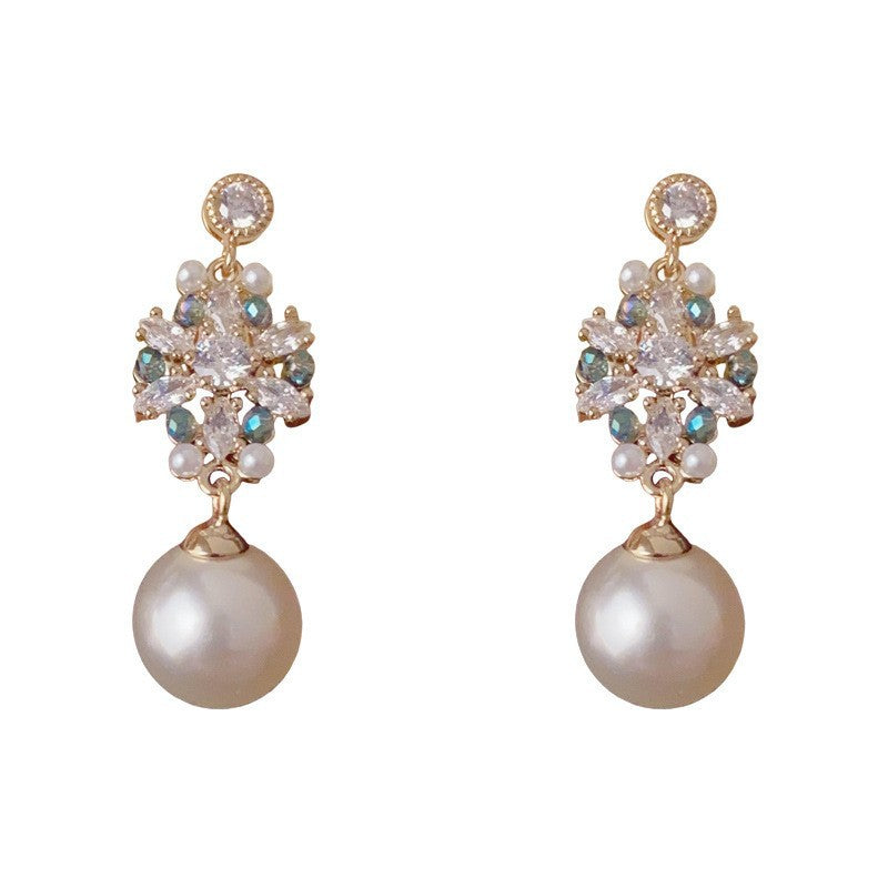 Eaioncol Snowflake Pearl CZ Drop Earrings Gold