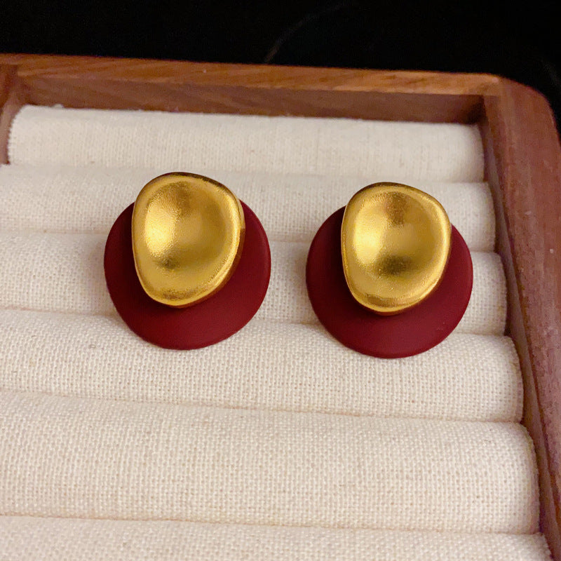 14K Gold-Plated Colorblock Round Earrings - Retro Minimalist Design