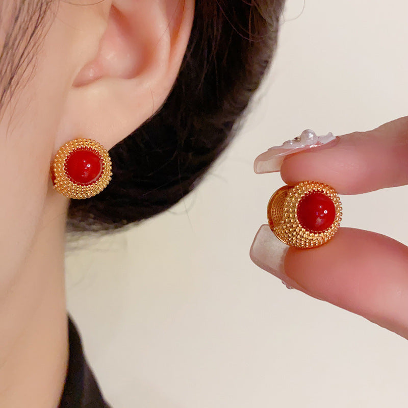 Elegant Metal Red Pearl Ear Cuff Earrings – Geometric Design