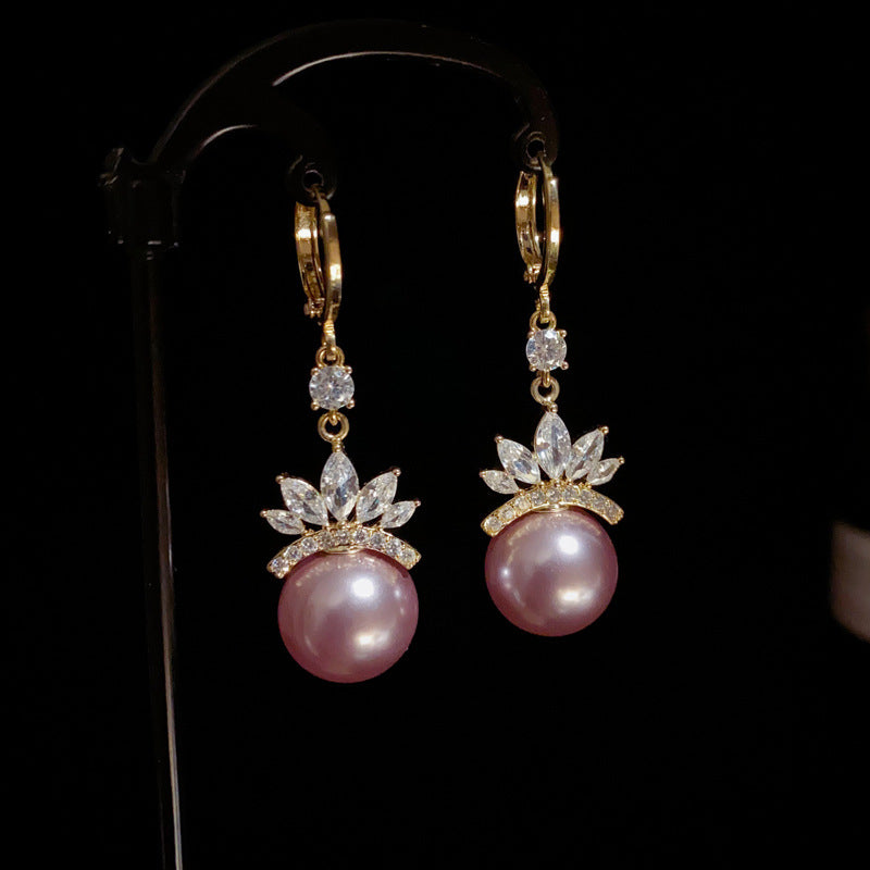 14K Gold-Plated Zircon Crown Purple Pearl Earrings - Luxe Elegance