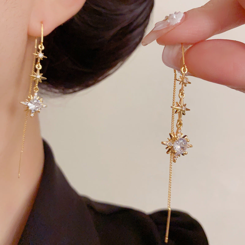 Luxury Zircon Octagram Star Tassel Threader Earrings – Elegant Design