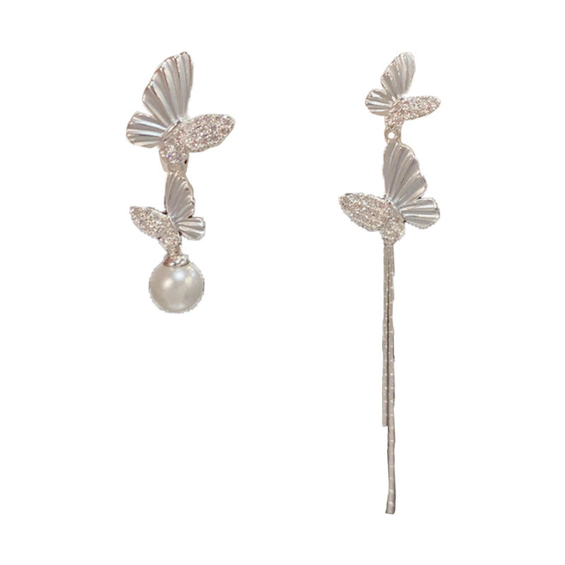 Asymmetric Butterfly Tassel Drop Sliver Earrings – Elegant Design