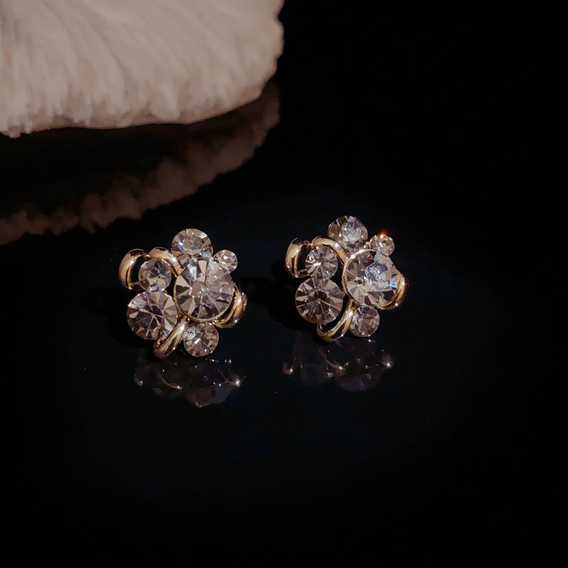 14K Gold-Plated Full Zircon Flower Stud Earrings-Elegant Floral Sparkle