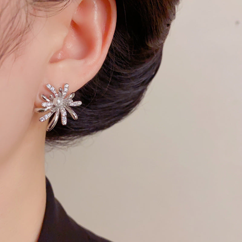Gold Flower Bouquet Earrings – Micro Zircon Vintage Studs for Women