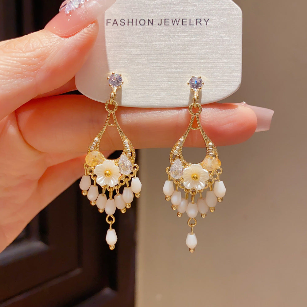 Eaioncol Floral Teardrop Tassel Drop Earrings Gold