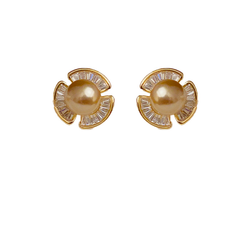 14K Gold-Plated Micro-Paved Zircon Pearl Stud Earrings -Elegant Design