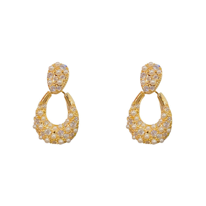 14K Gold-Plated Zircon Pearl Geometric Drop Earrings - Elegant & Timeless