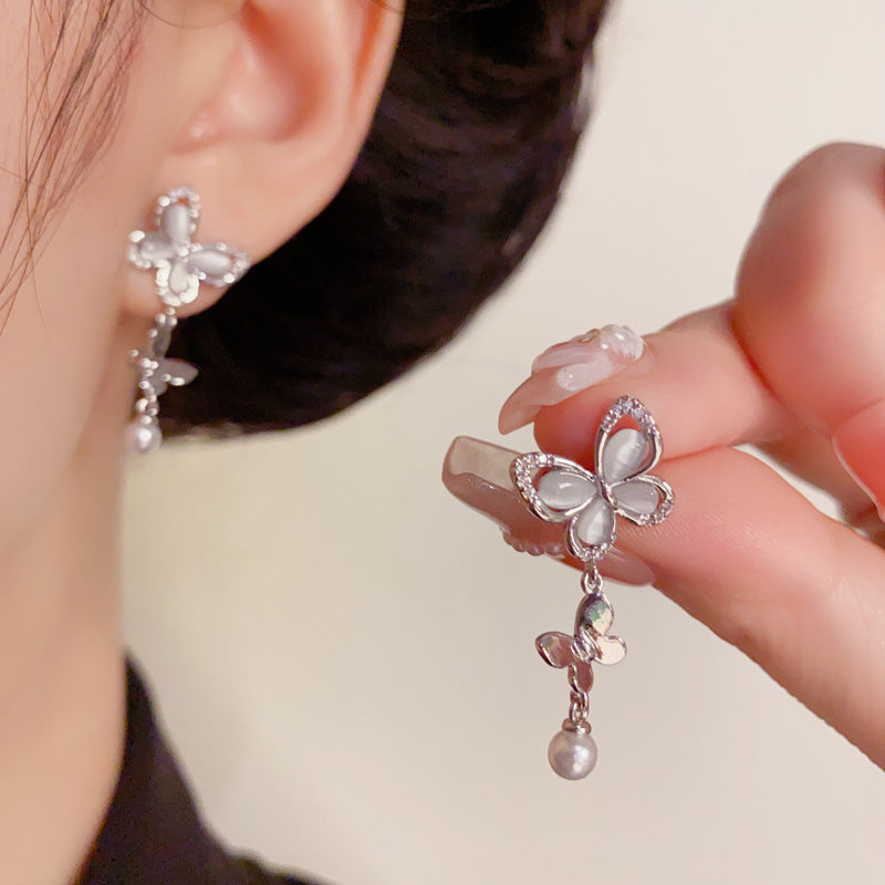 Luxury Zircon Butterfly & Pearl Tassel Drop Earrings – Elegant Design