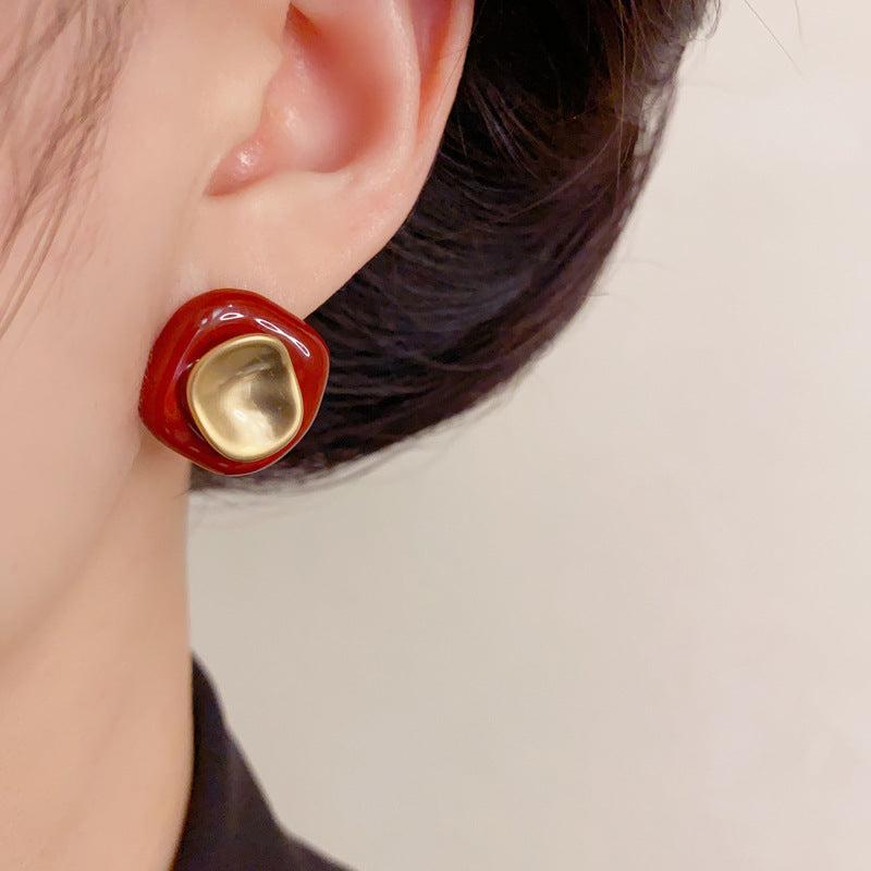 Luxury Red Enamel Irregular Stud Earrings – Elegant Retro Design