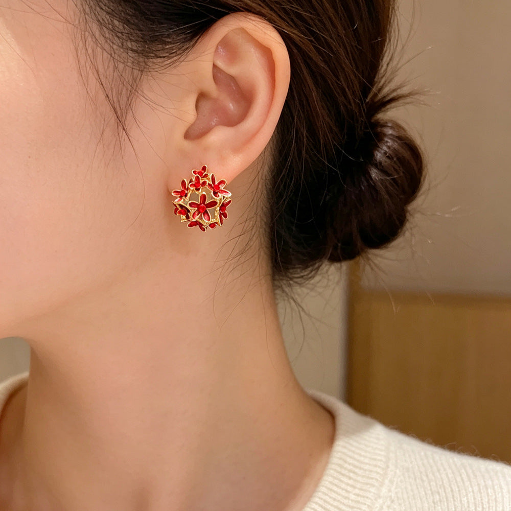 Eaioncol Thin-Coat Floral Stud Earrings Green Red