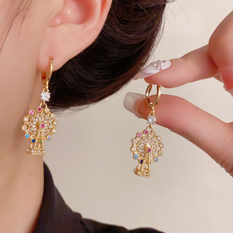 Luxury Full-Zircon Pearl Ferris Wheel Drop Earrings – Geometric Design
