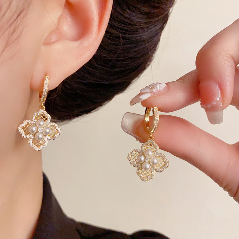 Elegant Zircon Hollow Pearl Petal Earrings – French Floral Design
