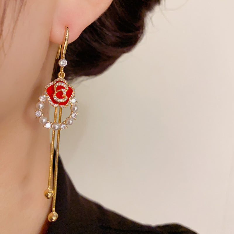 14K Gold-Plated Red Camellia Circle Tassel Earrings - Elegant Design