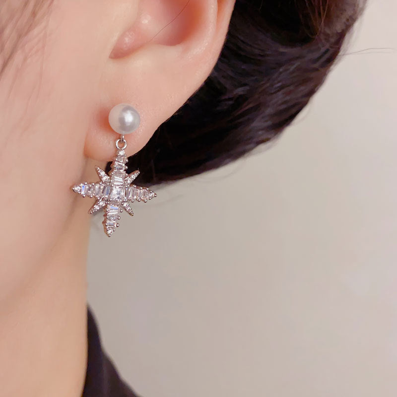 Elegant Zircon Starburst Pearl Drop Earrings – Celestial Design