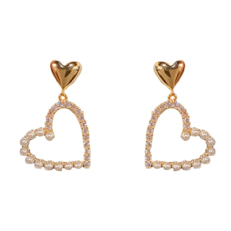 Elegant Zircon Pearl Heart Drop Earrings – French Romantic Design
