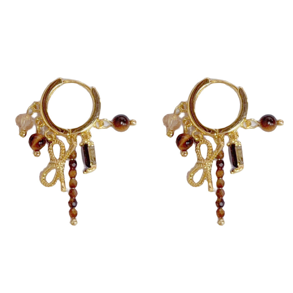 Eaioncol Bow Tiger Eye Tassel Hoop Earrings 14K Gold Plated