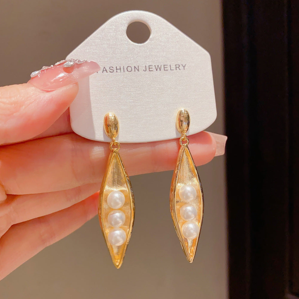 Eaioncol Pea Pod Pearl Drop Earrings 18K Gold Plated