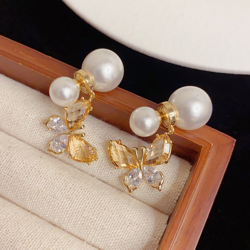 Eaioncol Two-Way Pearl Butterfly Drop Earrings Gold