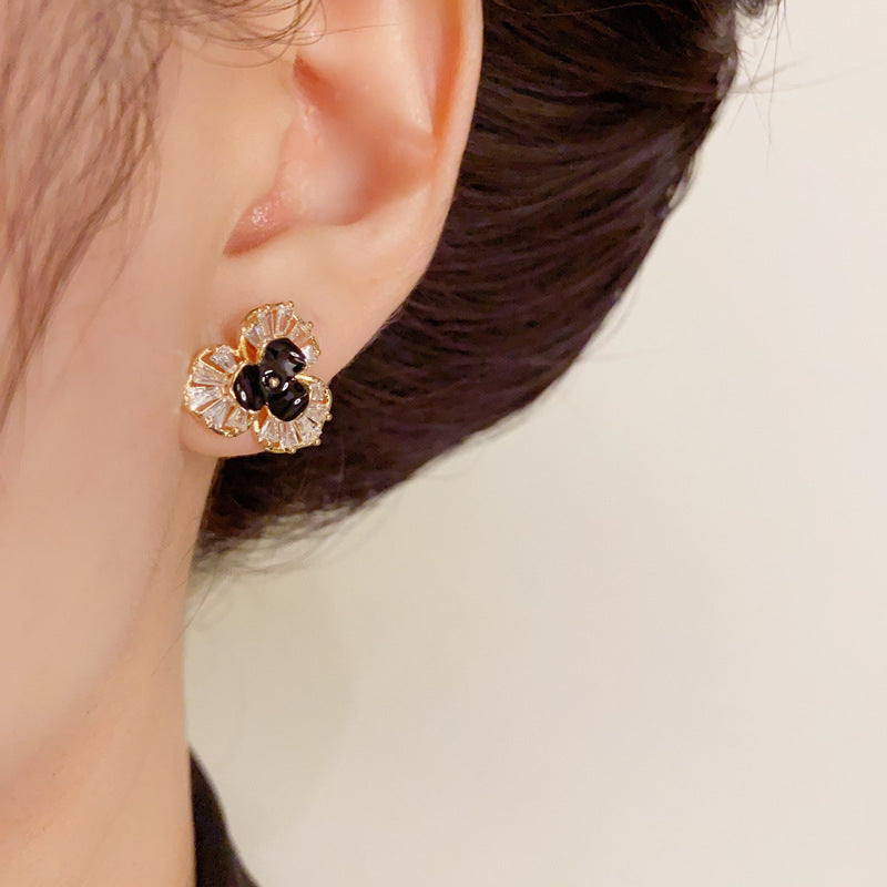 14K Gold-Plated Diamond-Studded 3-Petal Flower Earrings - Elegant Chic